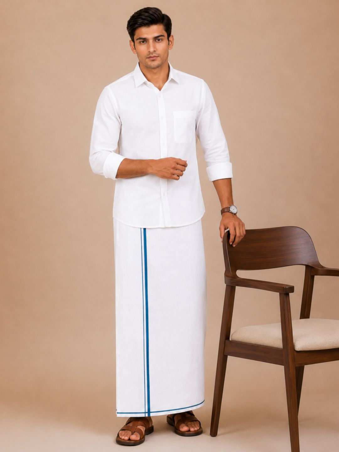 Men Cotton Linen Single Layer White Dhoti with Small Border Lee Sort LDS02