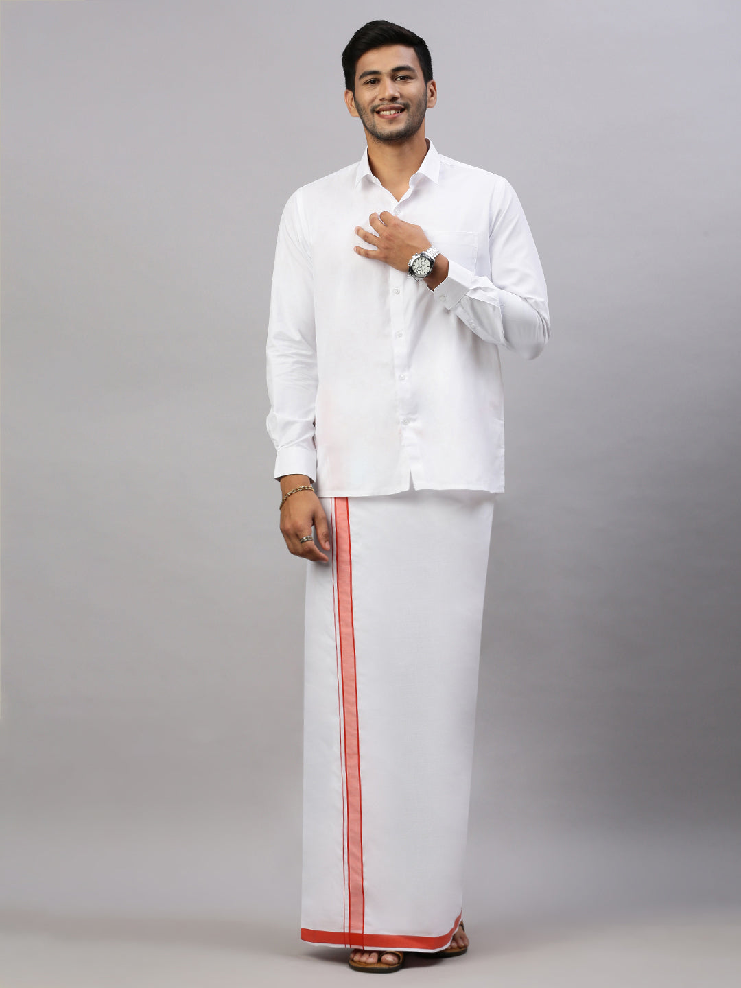 Men White Shirt with Scarlet Orange Border Single Layer Dhoti Combo WP17