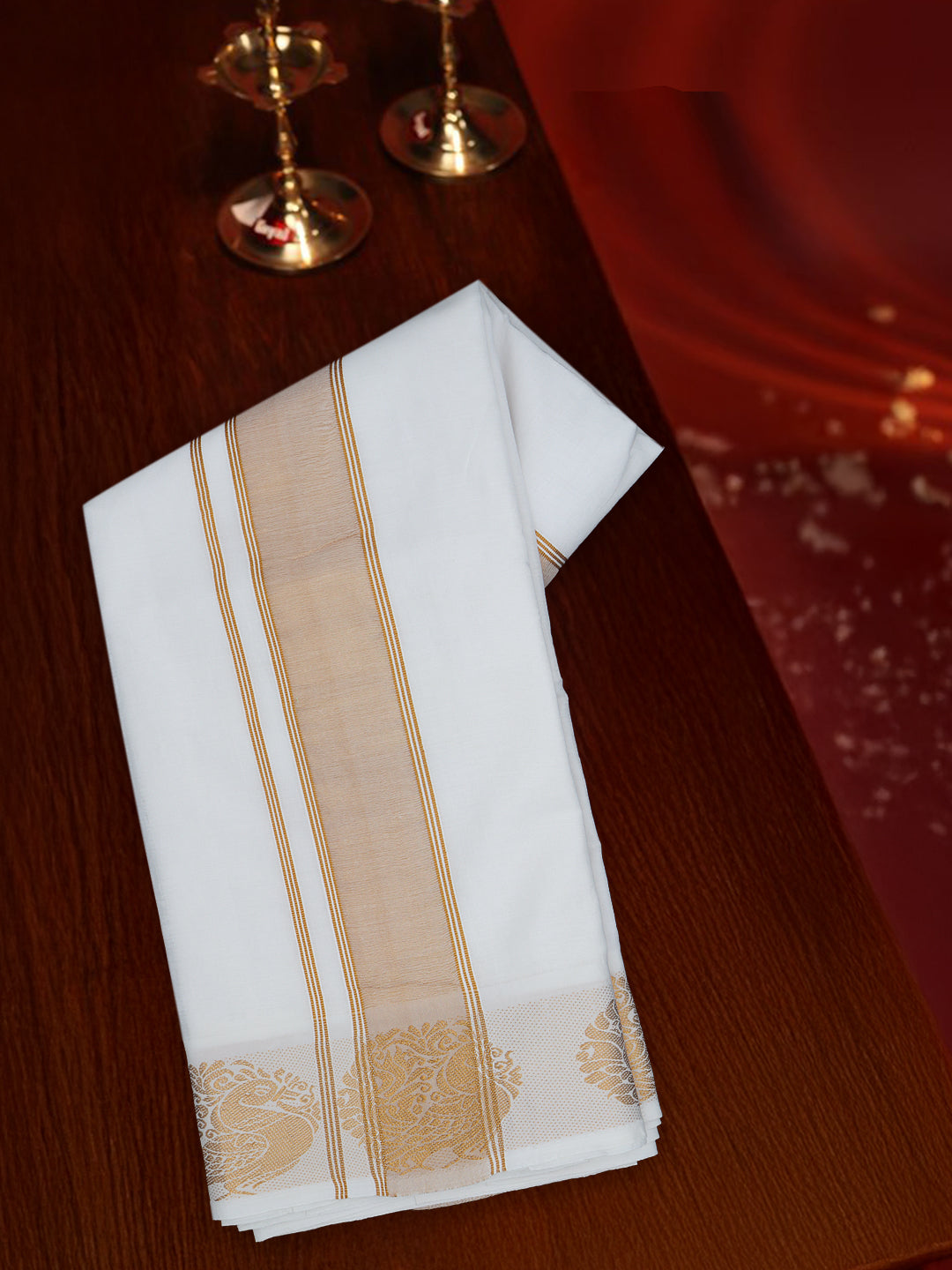 Men White Cotton Gold Fancy Jari Border Panchakacham with Angavasthram (9+5) Pet