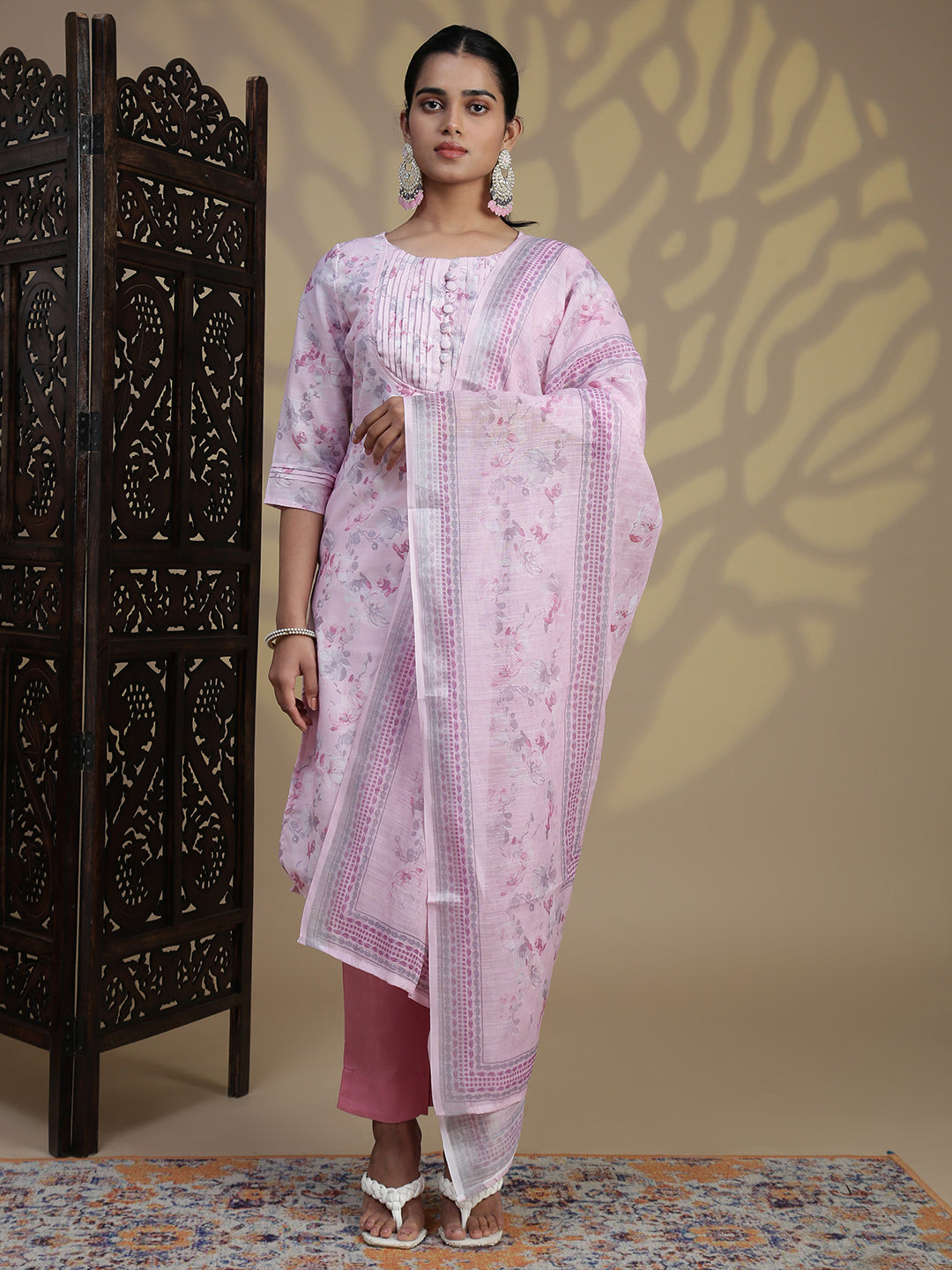 Women Semi Linen Printed Kurti Set Light Pink EKS93