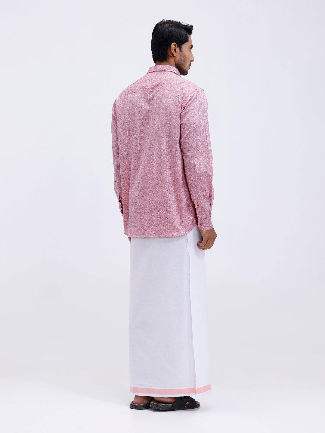 Men Soft Pink Matching Border Dhoti With Printed Shirt Set Fusion PS16