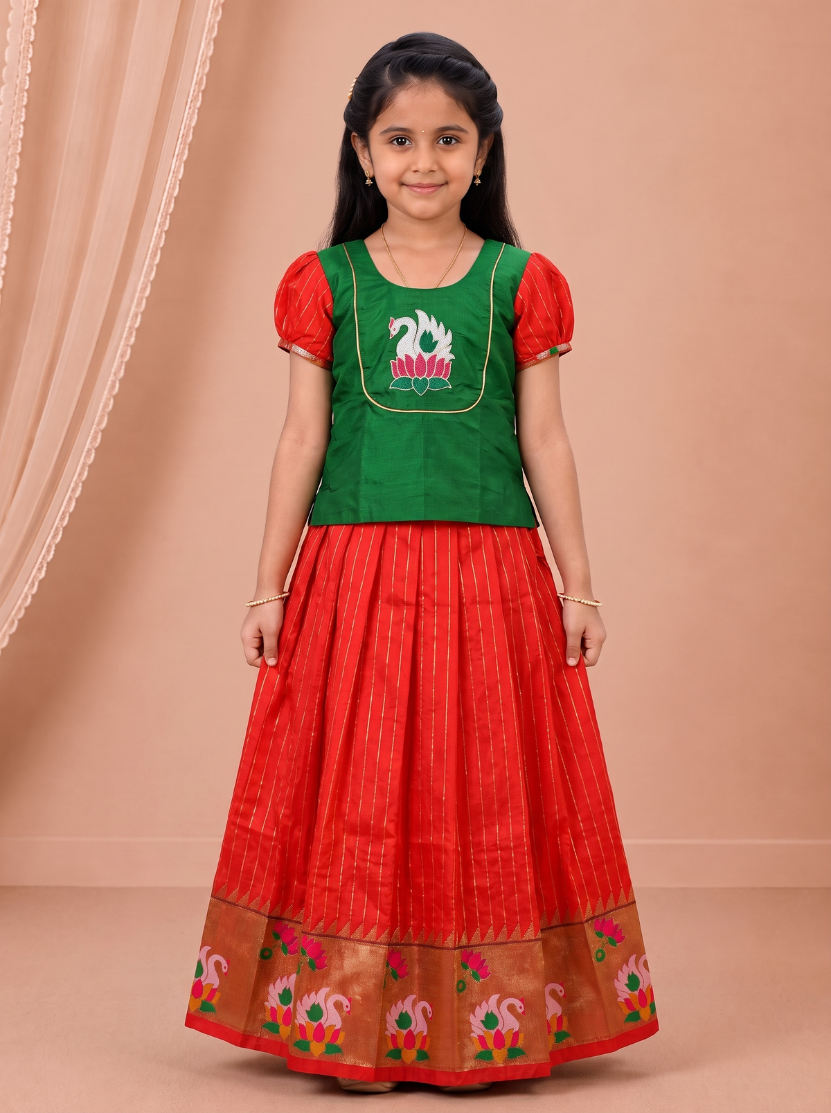 Girls Art Silk Green with Red Pattu Pavadai Set GPS71