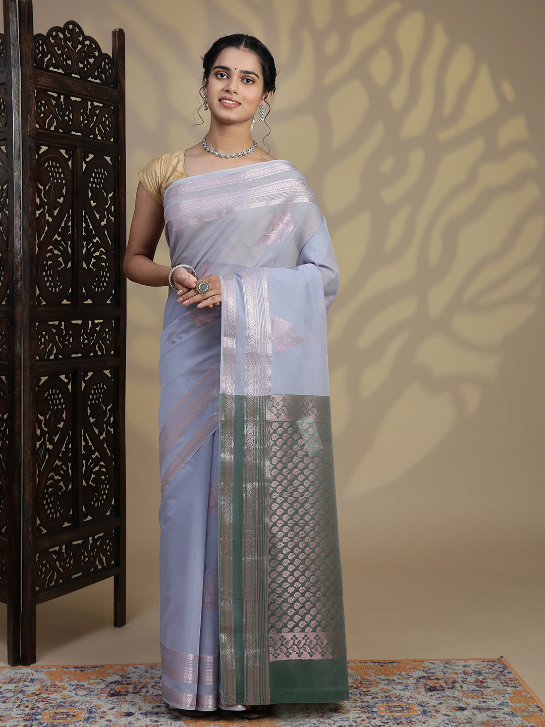 Women Light Blue Kora Cotton Fancy Saree SK103