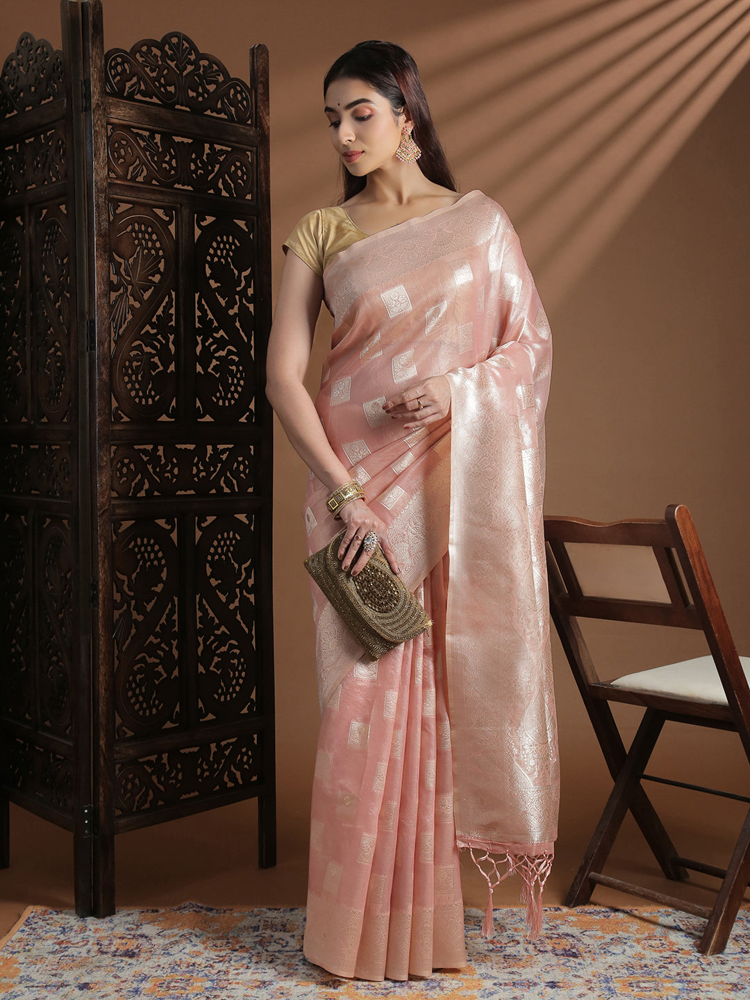 Women Baby Pink Cotton Weaving Saree PCS262
