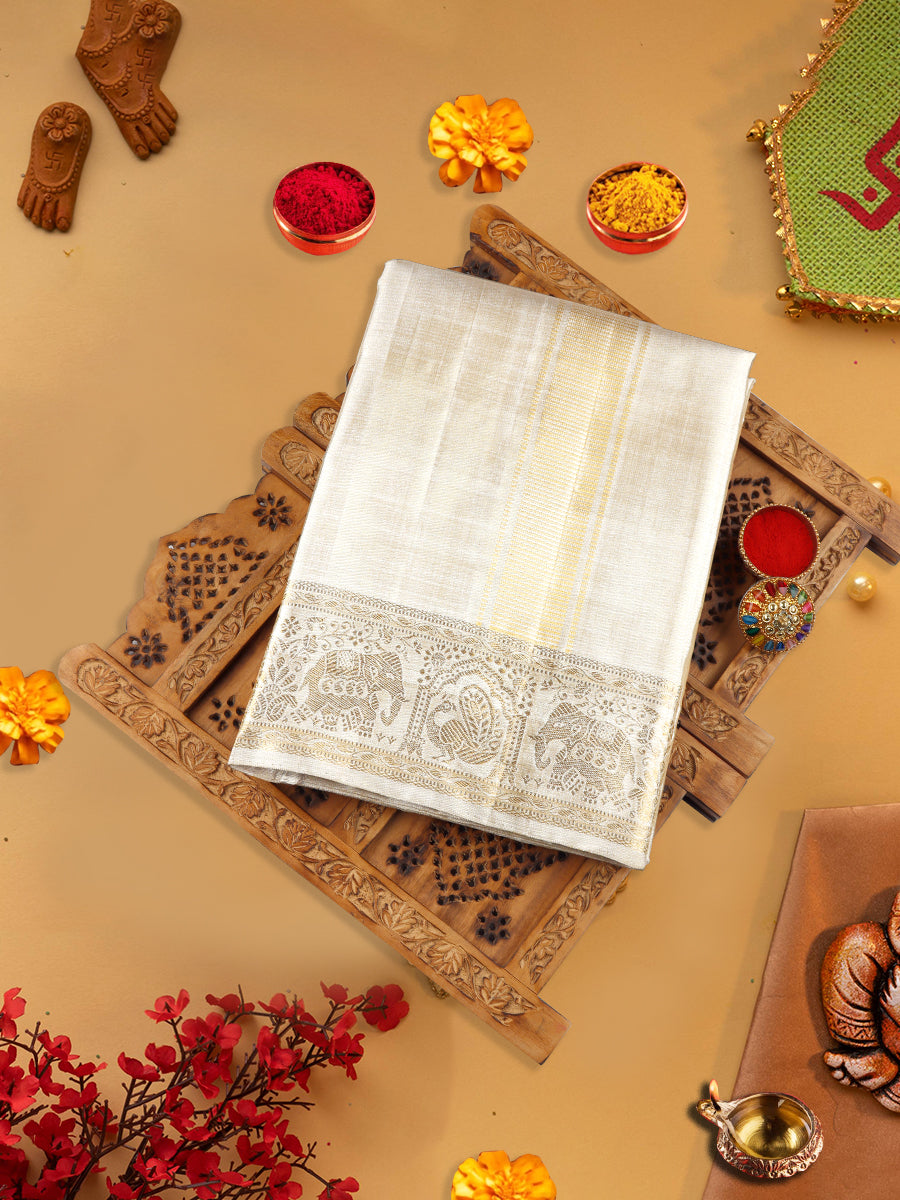 Premium Pure Silk Tissue Gold Dhoti With Angavastram 4" Jari Border Agarshanaa