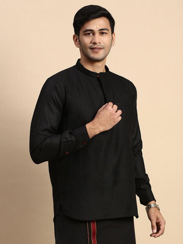 Men Cotton Short Length Self Design Pocket Kurta Black KP6