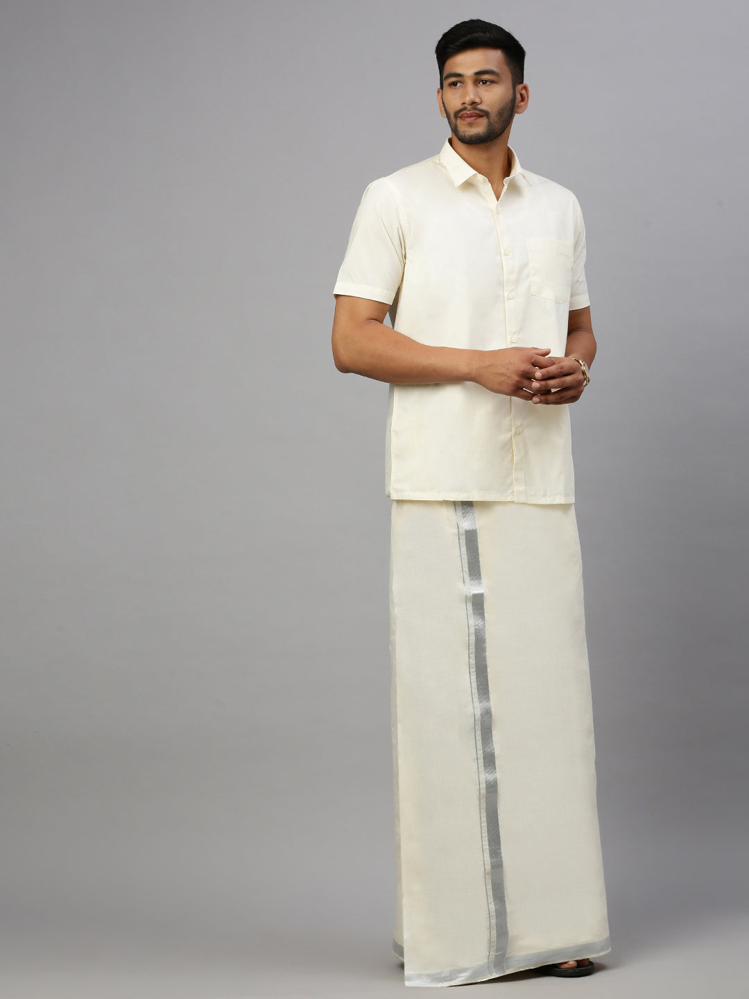 Men 100% Cotton Double Layer Cream Dhoti with 1 1/2" Jari Border Chaitra Silver