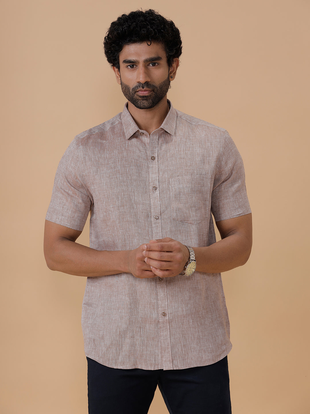 Men Pure Linen Woody Brown Shirt L49