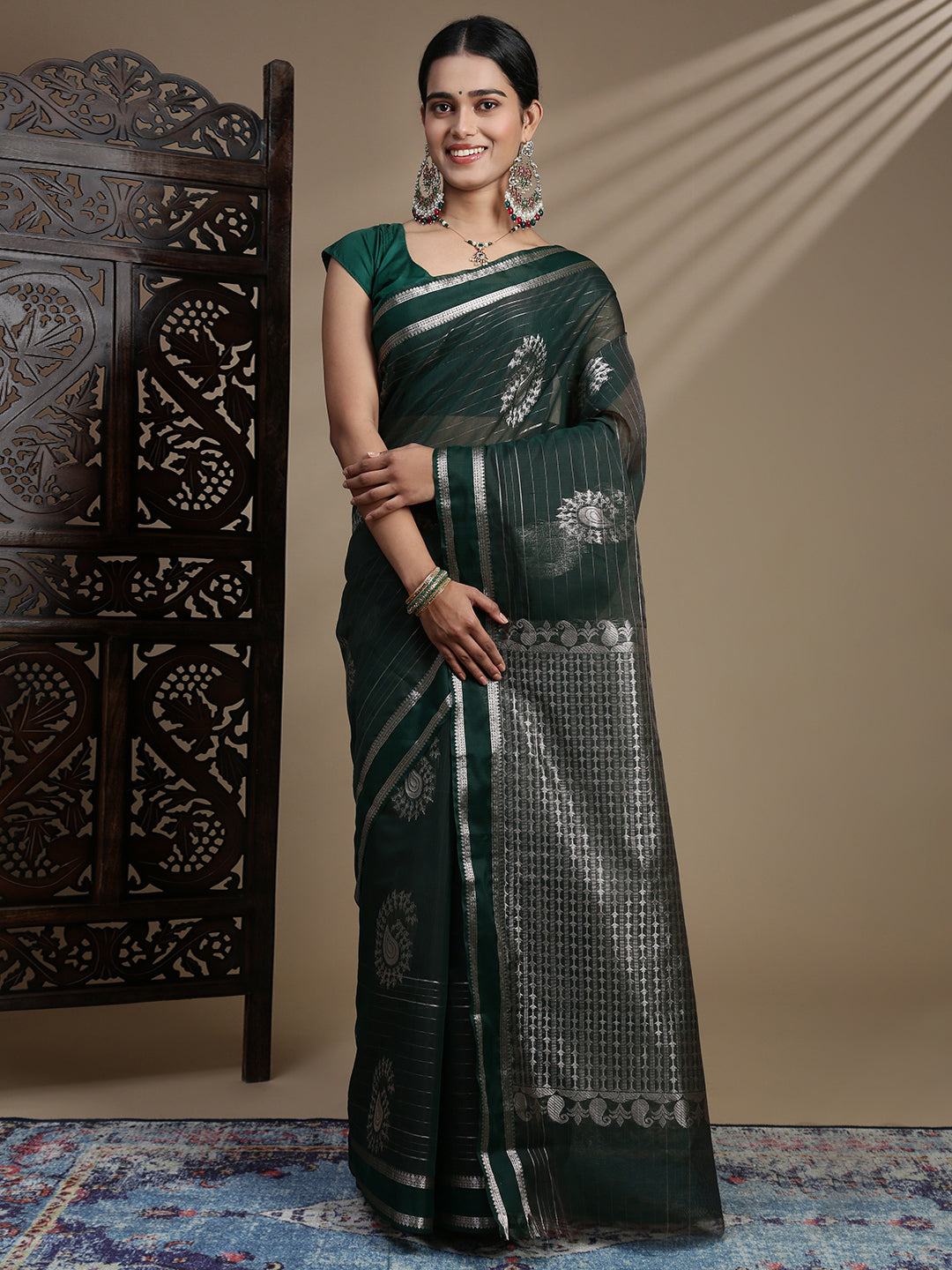 Women Dark Green Kora Cotton Saree SK99