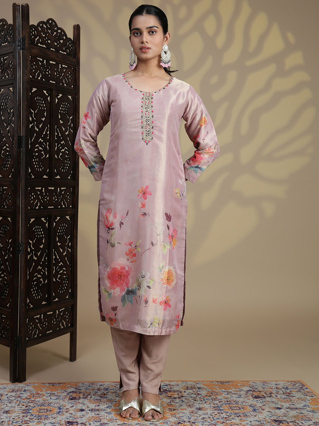 Women Grayish Purple MM Silk Printed Kurti Set EKS102