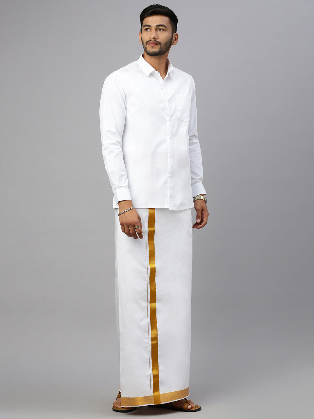 Men 100% Cotton Double Layer White Dhoti with 1 1/4" Gold Jari Border Vetha