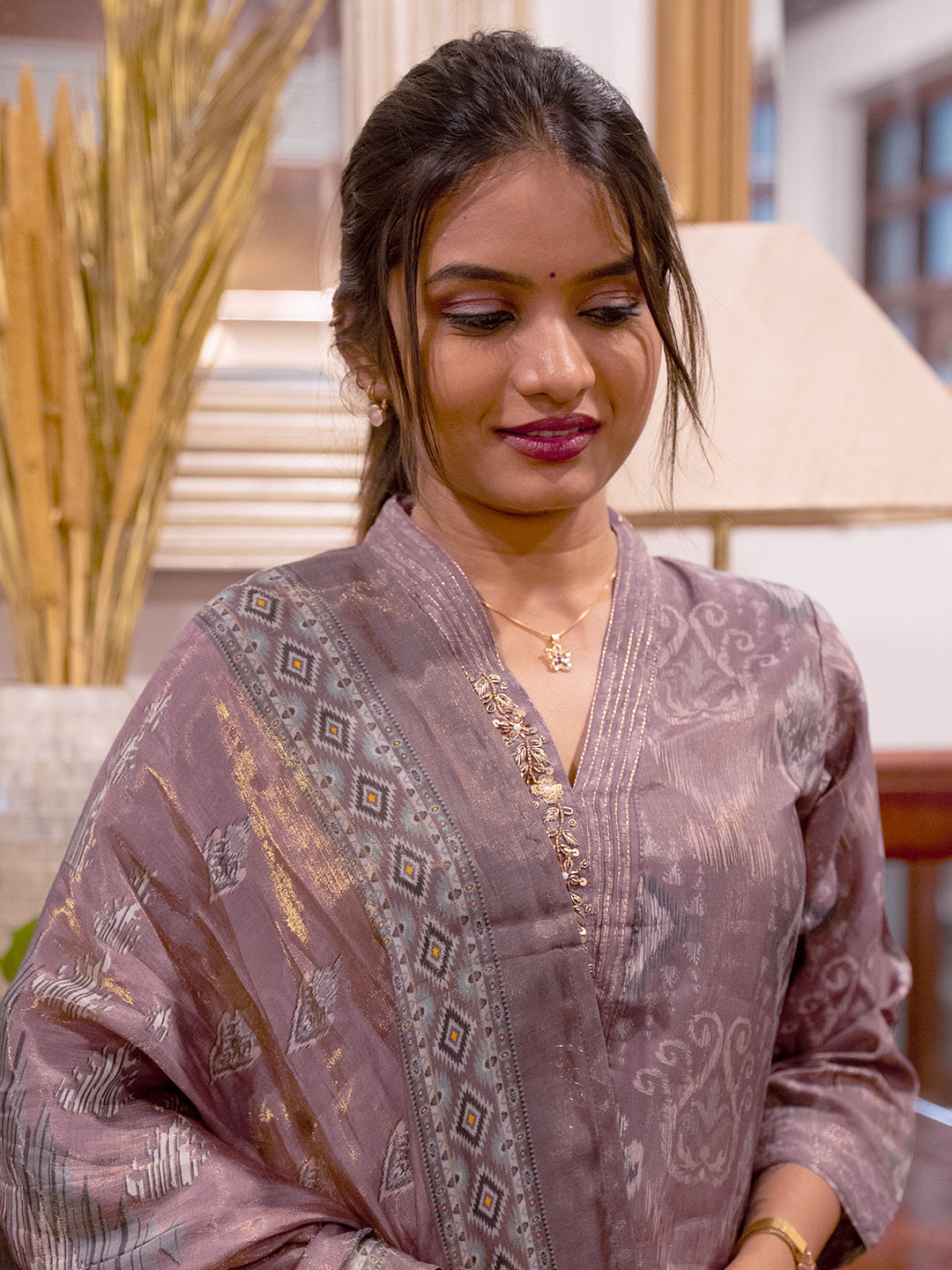 Women Dark Purple MM Silk Embroidery Kurti Set EKS105