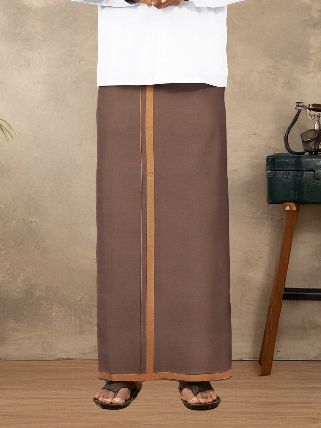 Men 100% Cotton Single Layer Brown Dhoti with Big Border Poojan