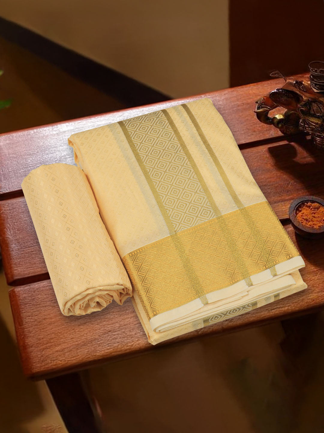 Men Art Silk Dhoti & Shirting Set Peach Mangalakara 140k (2 in 1) M35