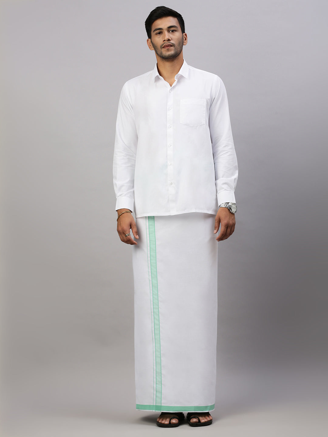 Men Single Layer Cotton Blend White Dhoti with Fancy Border Winner Plain WP15