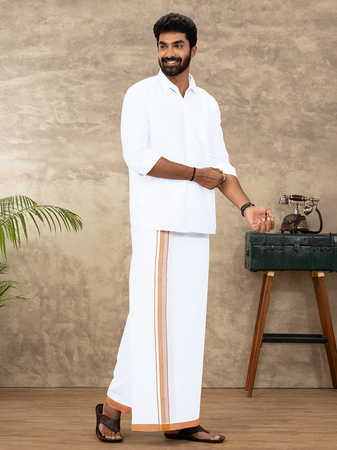 Men Cotton Blend Single Layer White Dhoti with Fancy Border HLF03