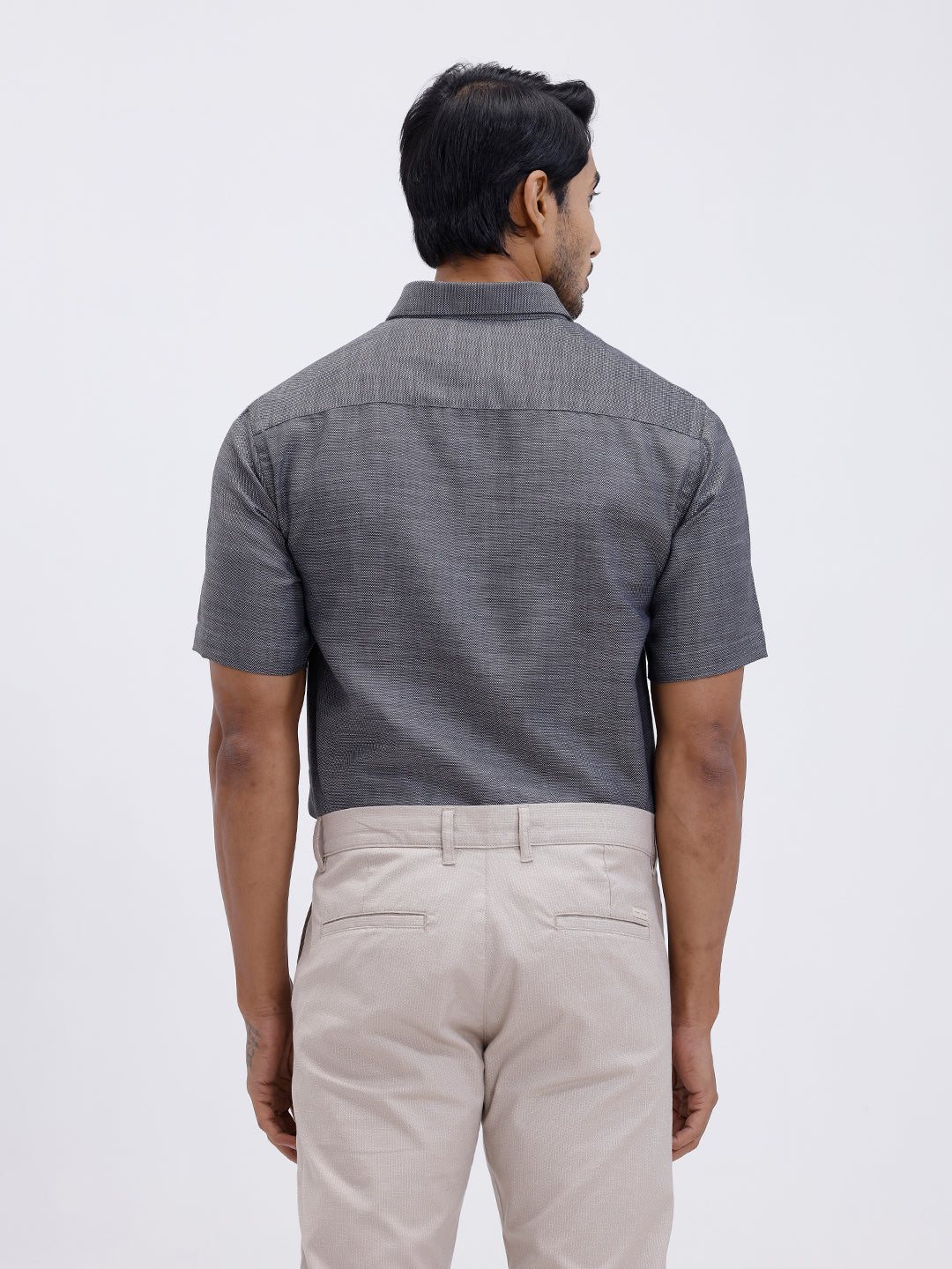 Men Cotton Rich Half Sleeve Shirt Grey Black Dobby T59 AIT5