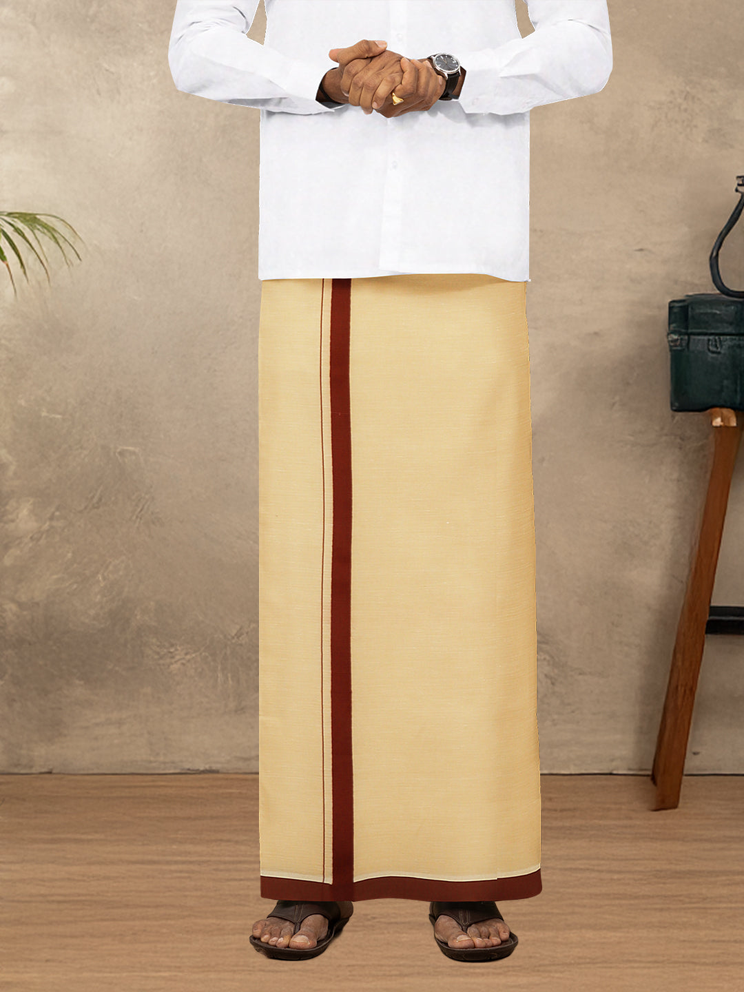 Men Cotton Blend Single Layer Gold Dhoti with Big Border Yogi Spl 2