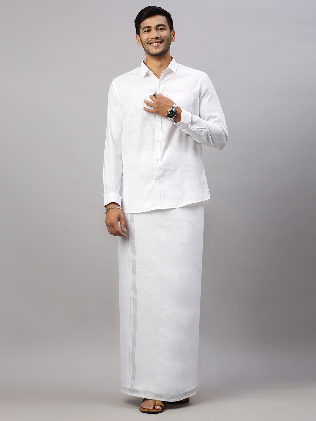Men Pure Linen Double Layer White Dhoti with Silver Jari Border