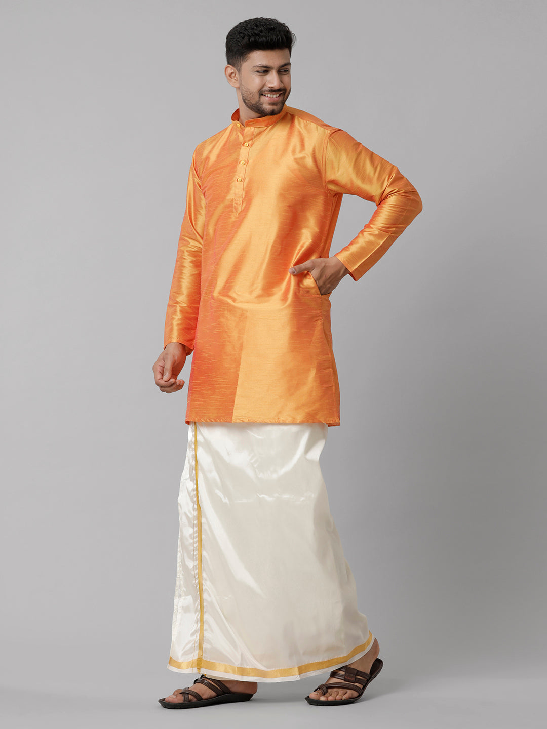 Mens Polyster Orange Medium Length Kurta with Art Silk Jari Dhoti Combo SL03-Side view