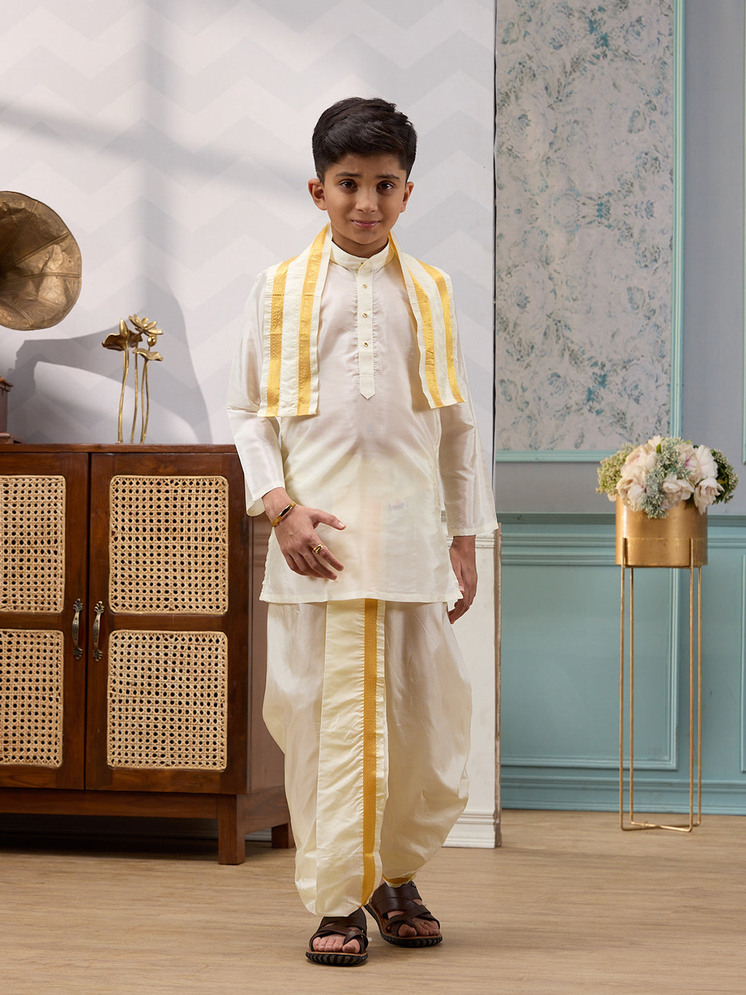 Like Father Like Son Cream Kurta Panchakacham & Towel Set