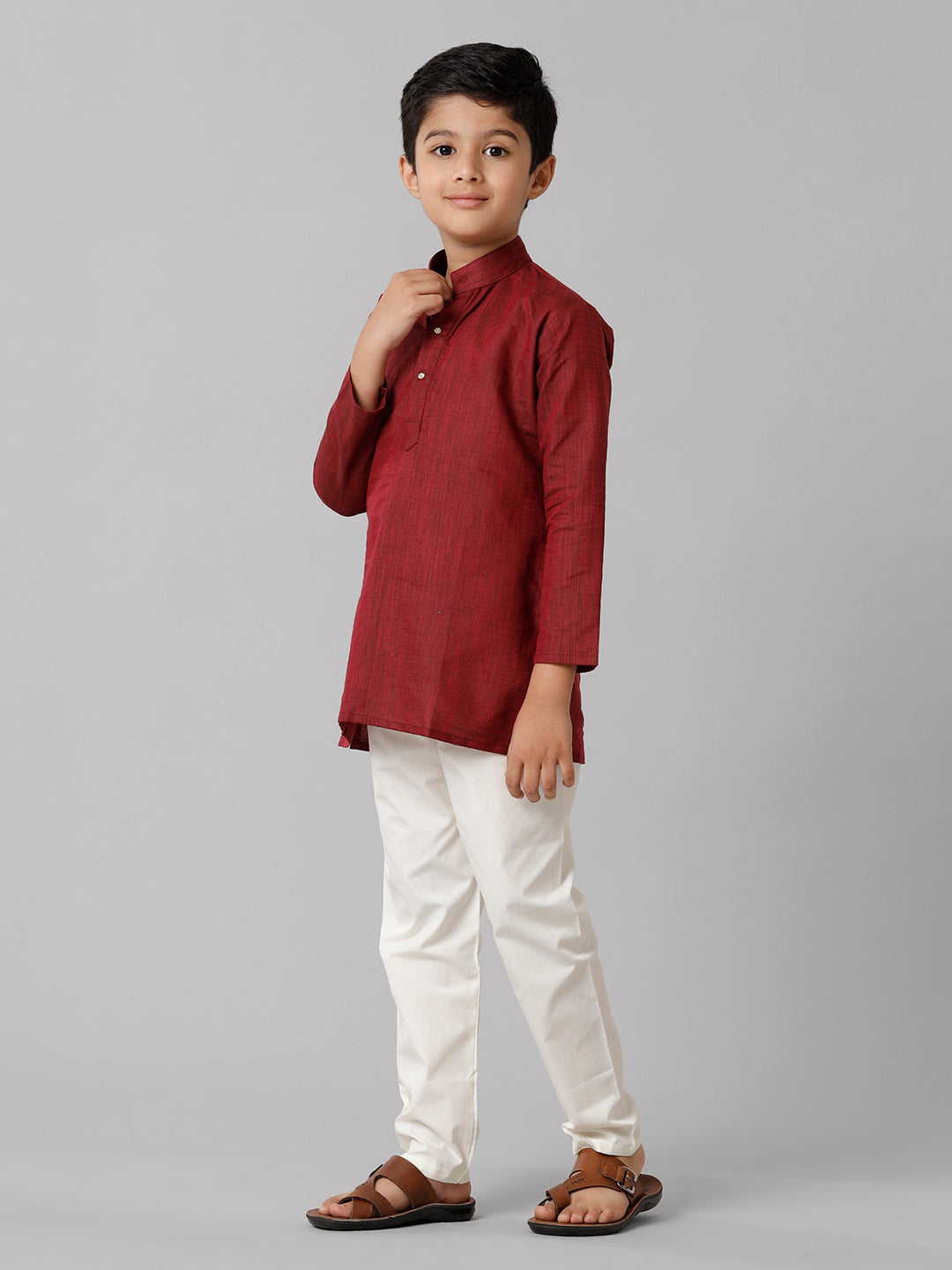 Boys Cotton Full Sleeves Maroon Kurta with Cream Pyjama Pant Combo FS7-Side view