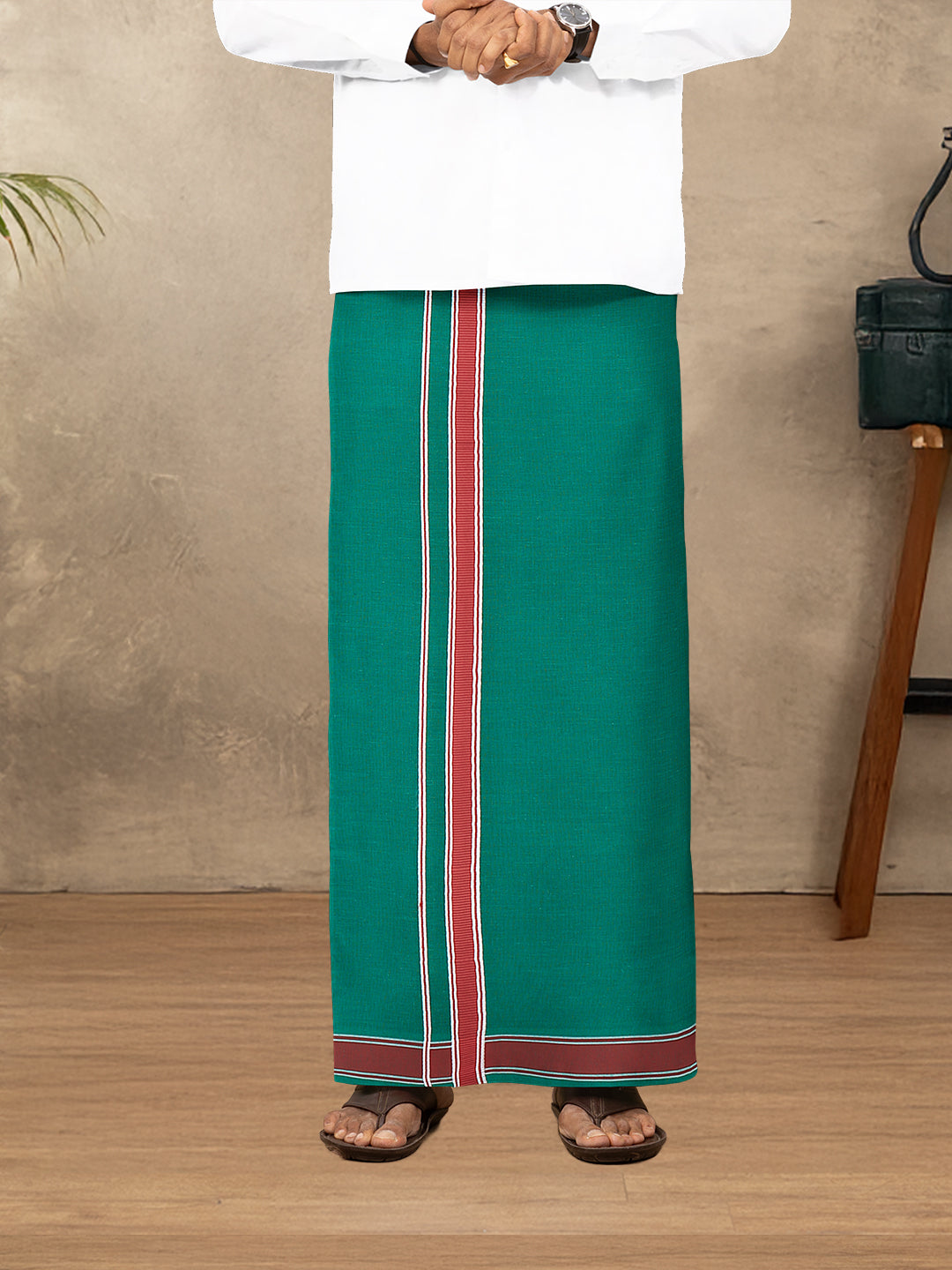 Men Cotton Blend Single Layer Green Dhoti with Fancy Border Enchant 2 EC04