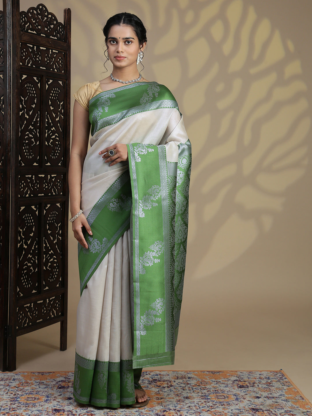 Women Silver Tissue Saree with Green Border TS63