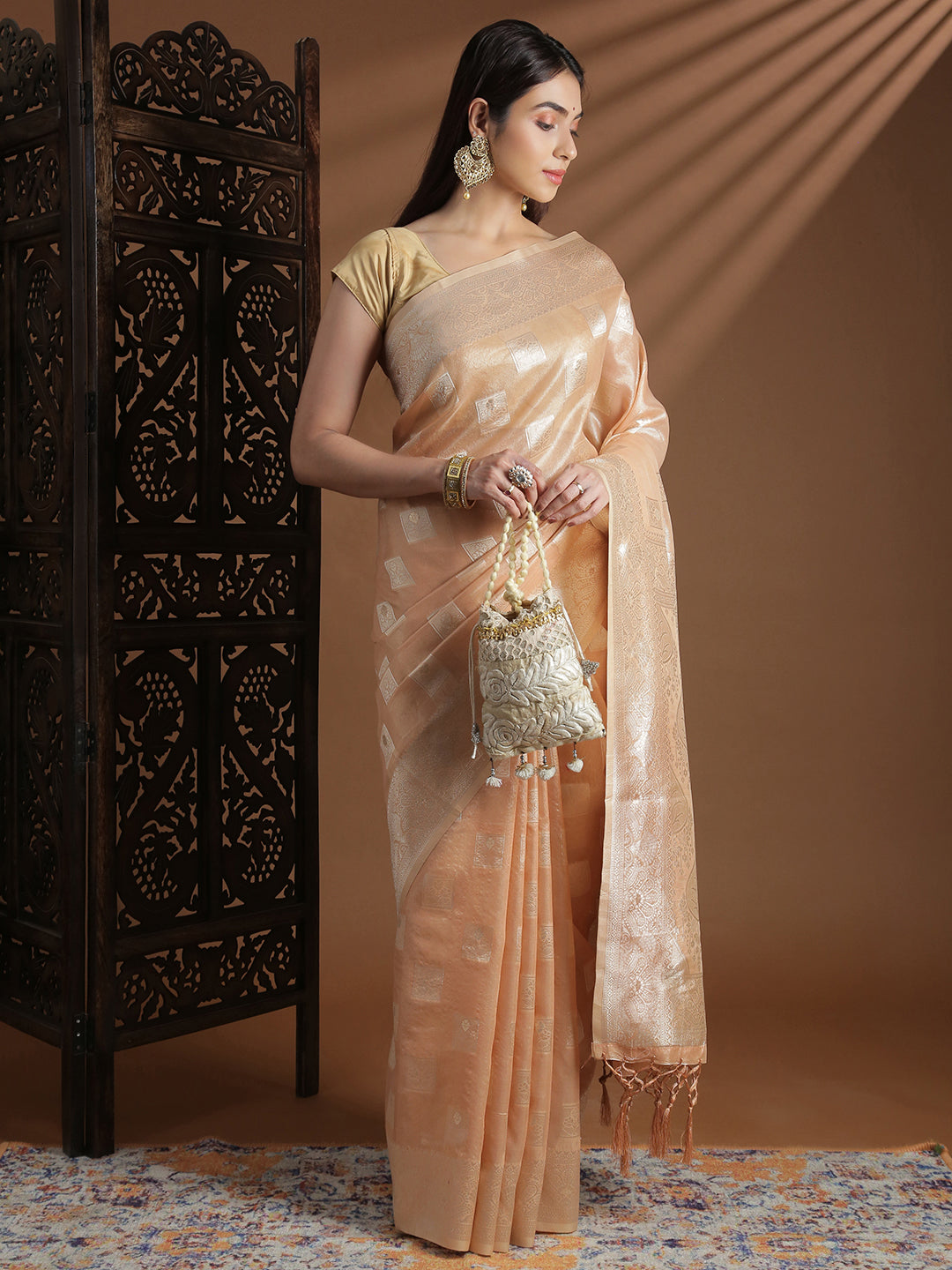 Women Peach Cotton Weaving Saree PCS257