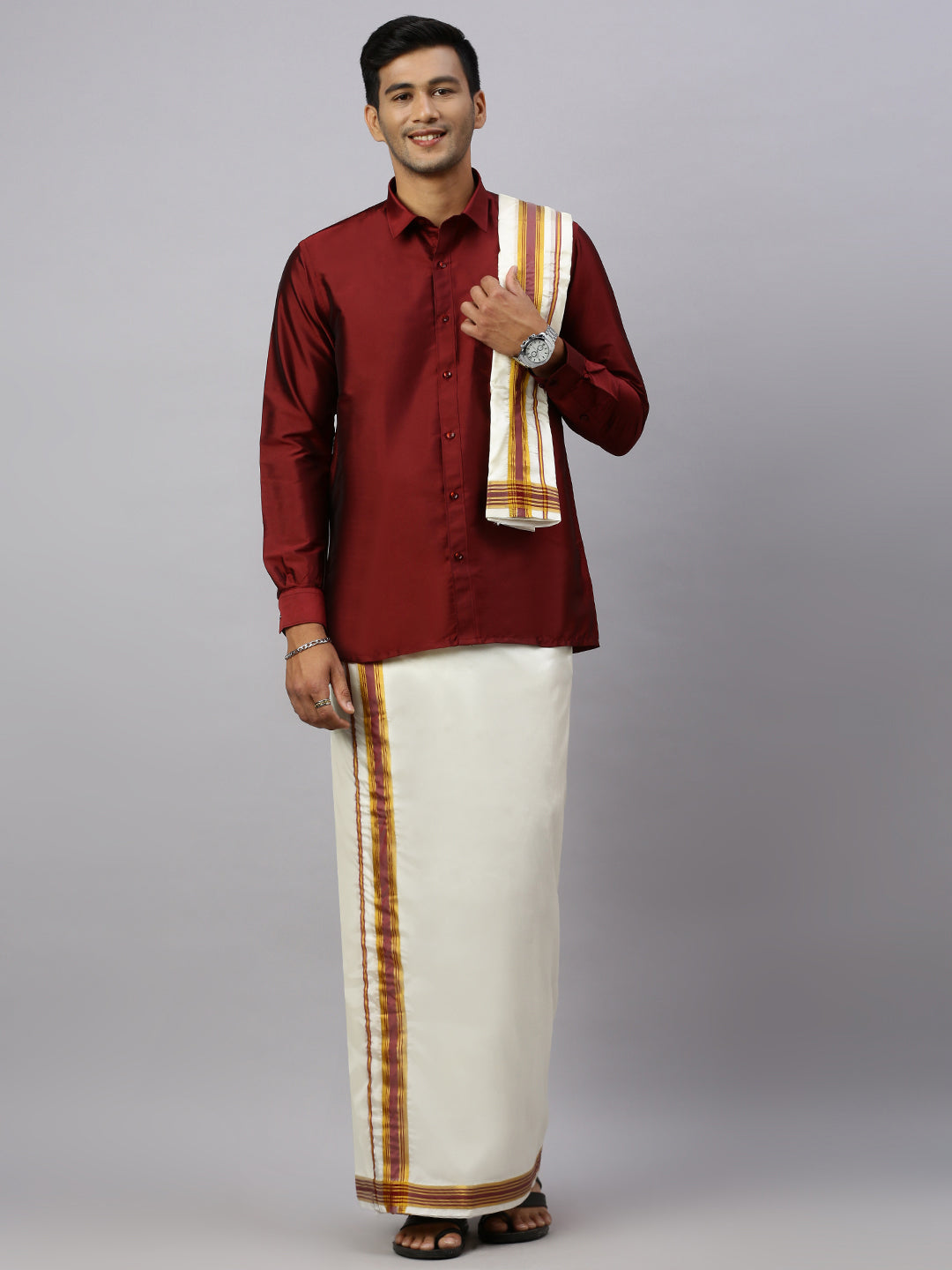 Mens Full Sleeves Maroon Shirt with Matching Border Cream Dhoti & Towel Set