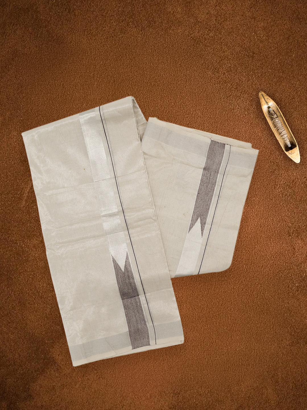 Men Premium Handloom Tissue Silver Dhoti with Fancy Jari Border HLM84