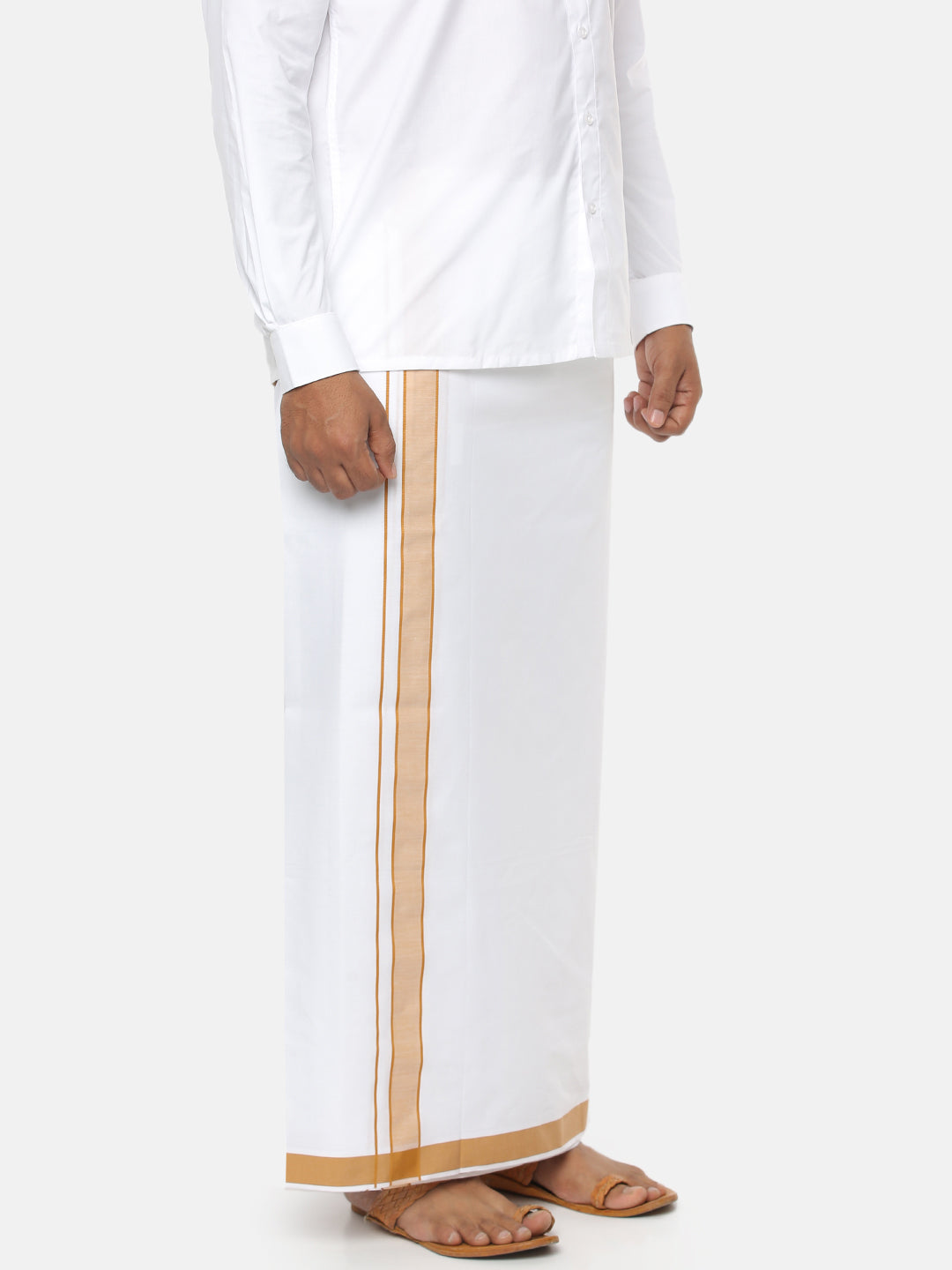 Mens Double Dhoti White with Plain Border Redfort Plain Mustard-Side view