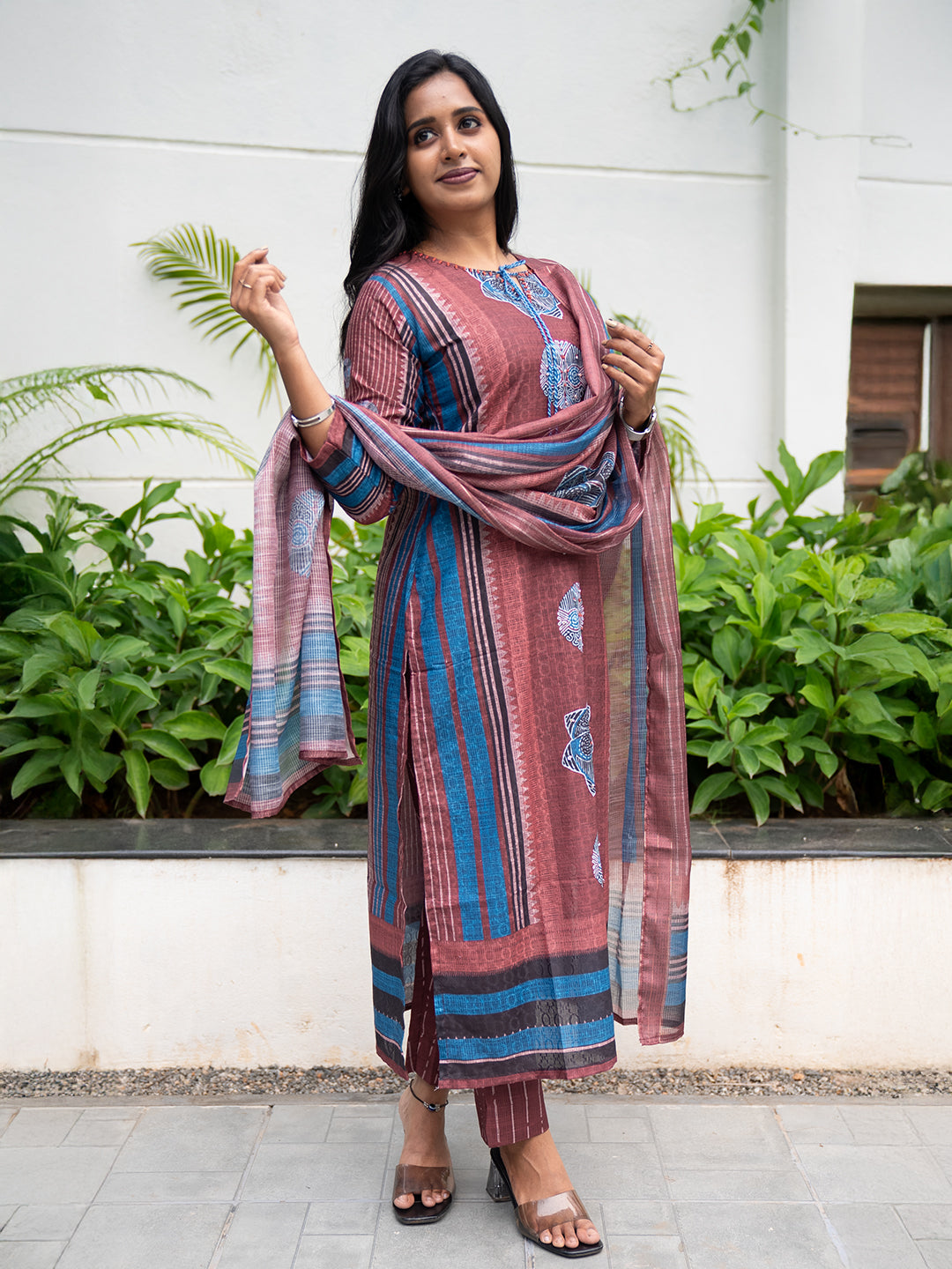 Women Pure Cotton Embroidered Maroon Kurti with Pant & Dupatta Set EKS114