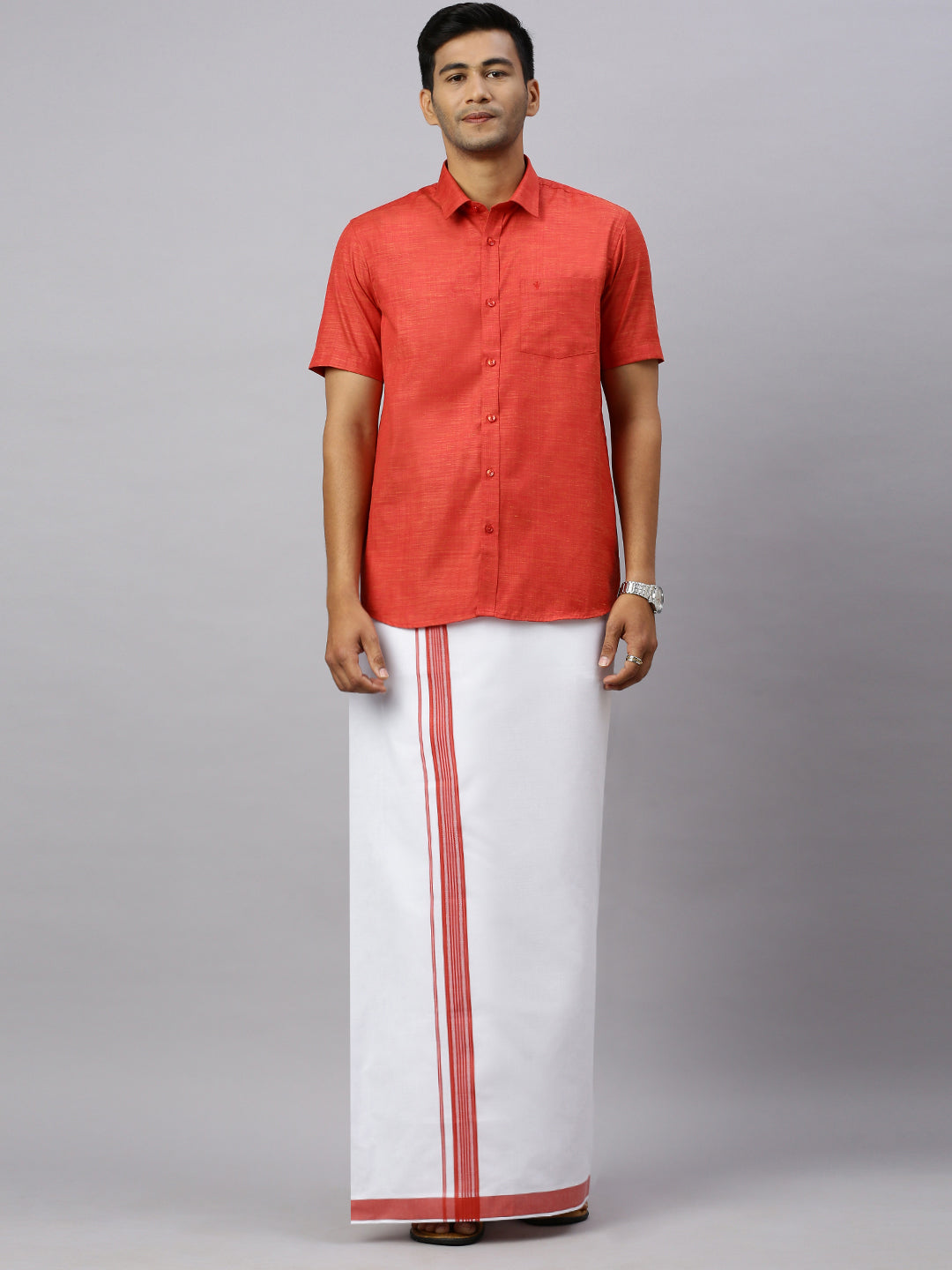 Men Rosewood Red Matching Border Dhoti & Half Sleeves Shirt Set CV4