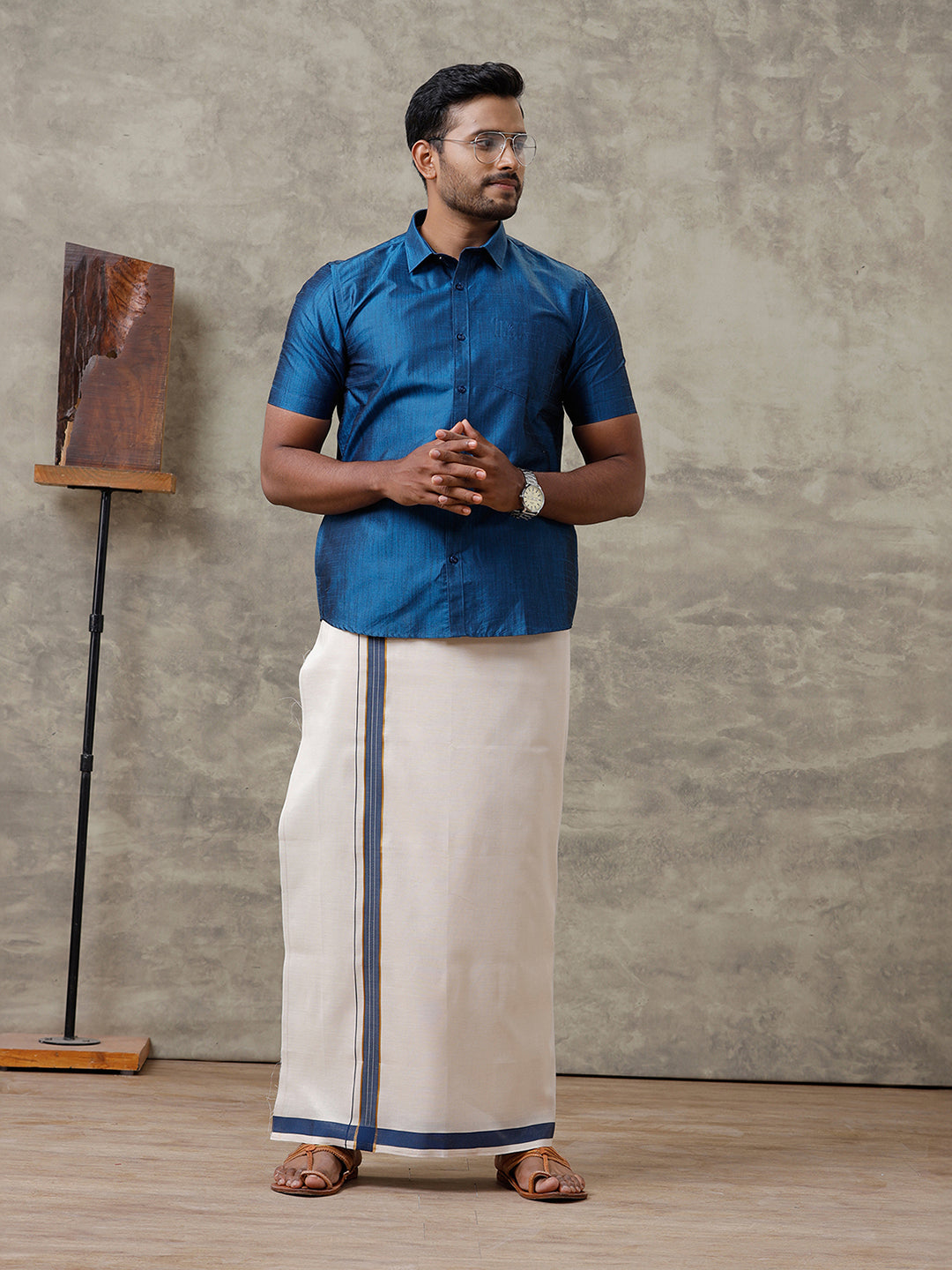 Men Cotton Blend Dark Blue Shirt and Tissue Dhoti Set VB9