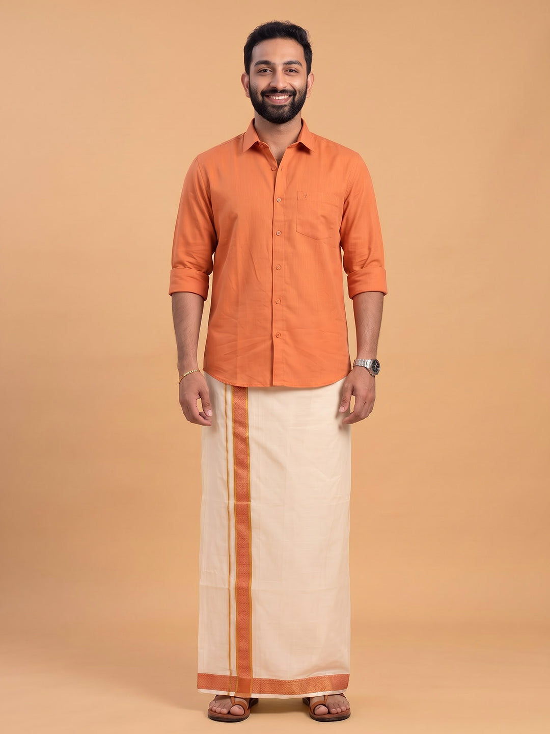Double Layer 100% Cotton Cream Kora Dhoti with Colour Jari Border - CF04