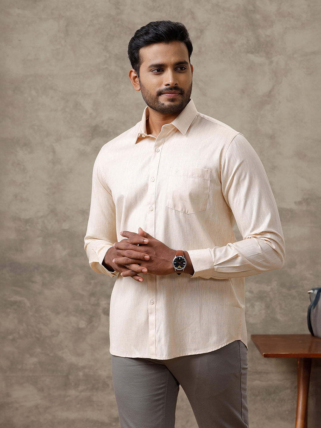Men Cotton Rich Shirt Light Brown T44 TT1