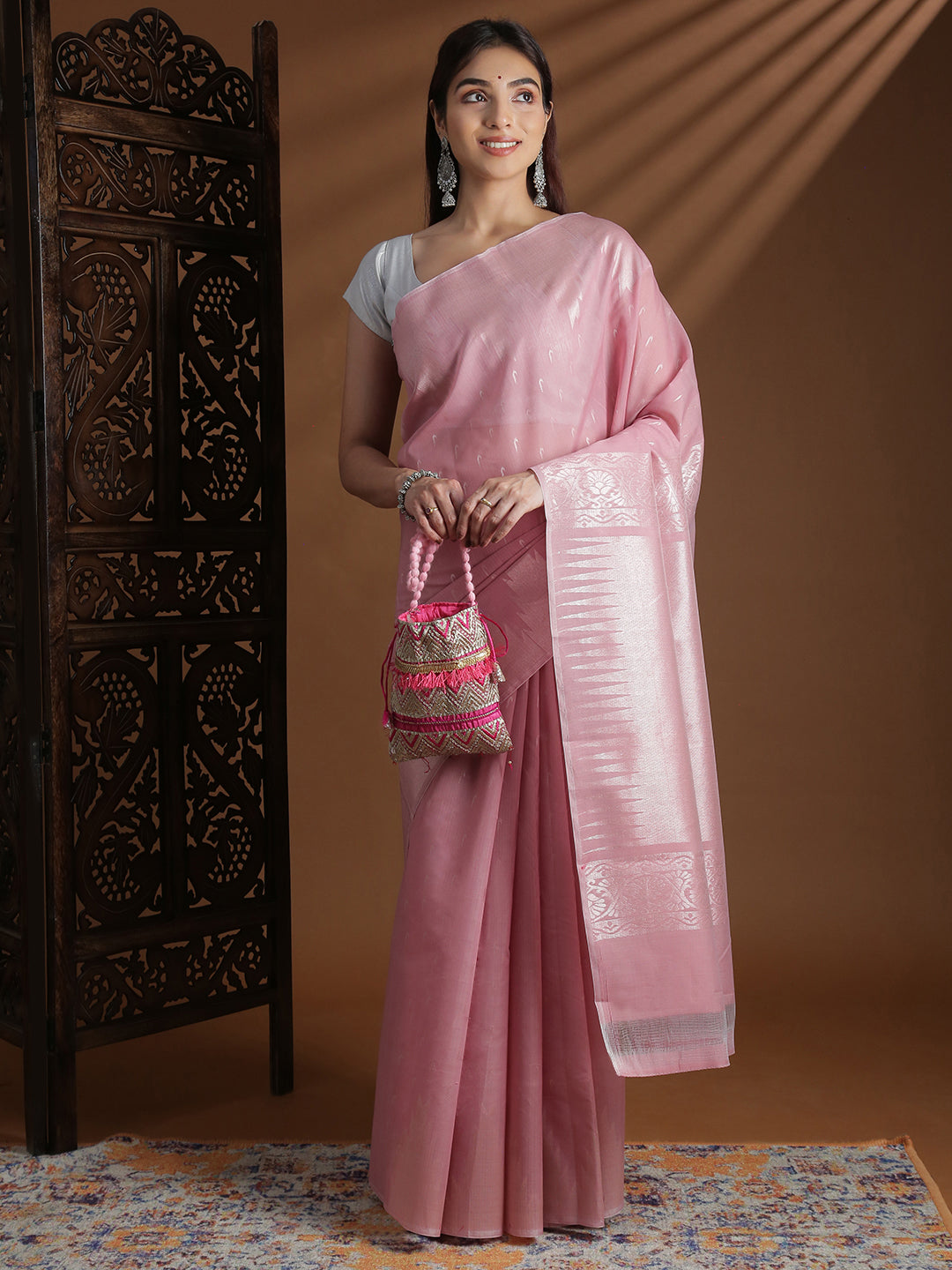 Women Light Pink Semi Kora Cotton Saree SK134