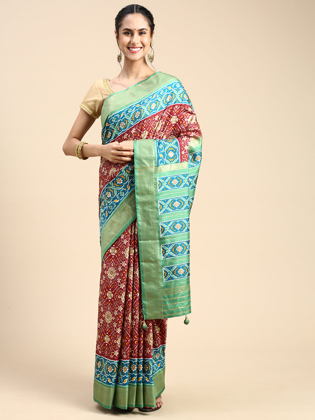 Women Art Silk Printed Brown With Green Border Saree ASP14