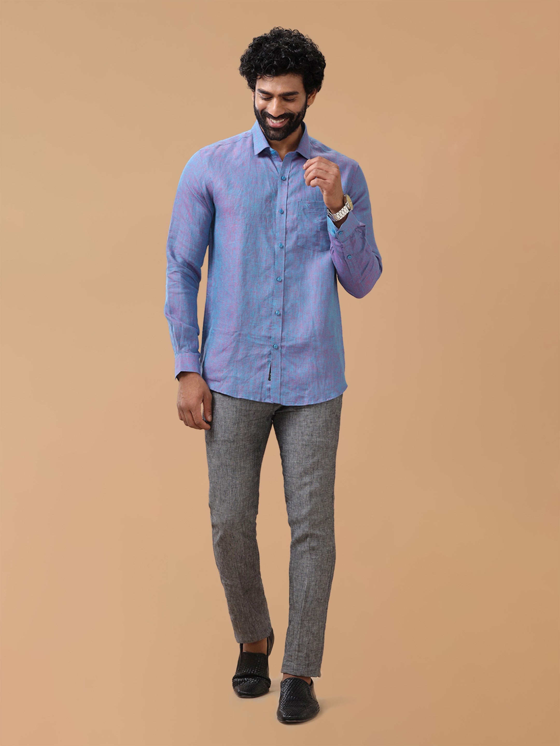 Pure Linen Teal Red Smart Fit Shirt L81
