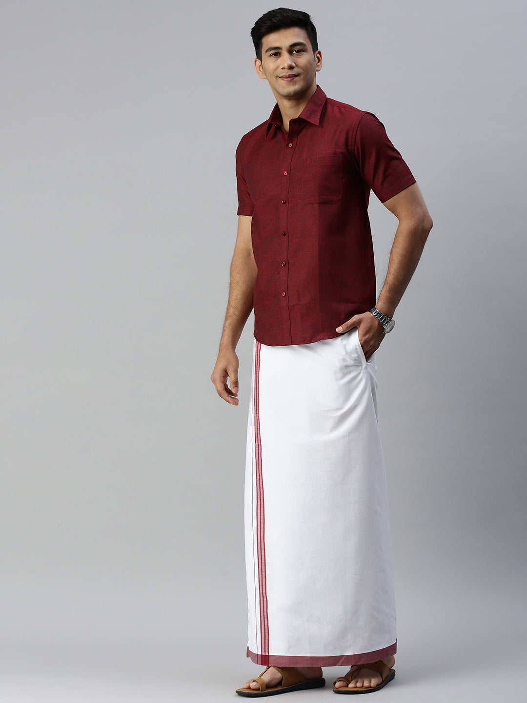 Men Matching Border Adjustable Dhoti & Half Sleeves Shirt Set Trendy CC8