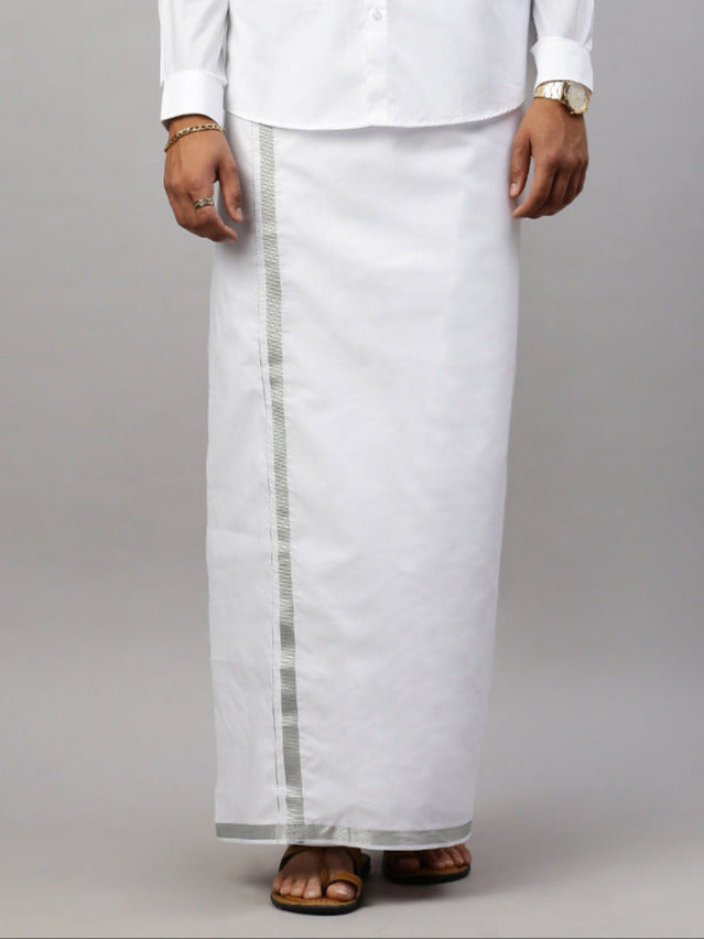 Men 100% Cotton Double Layer White Dhoti with 3/4" Silver Jari Border Star Fine