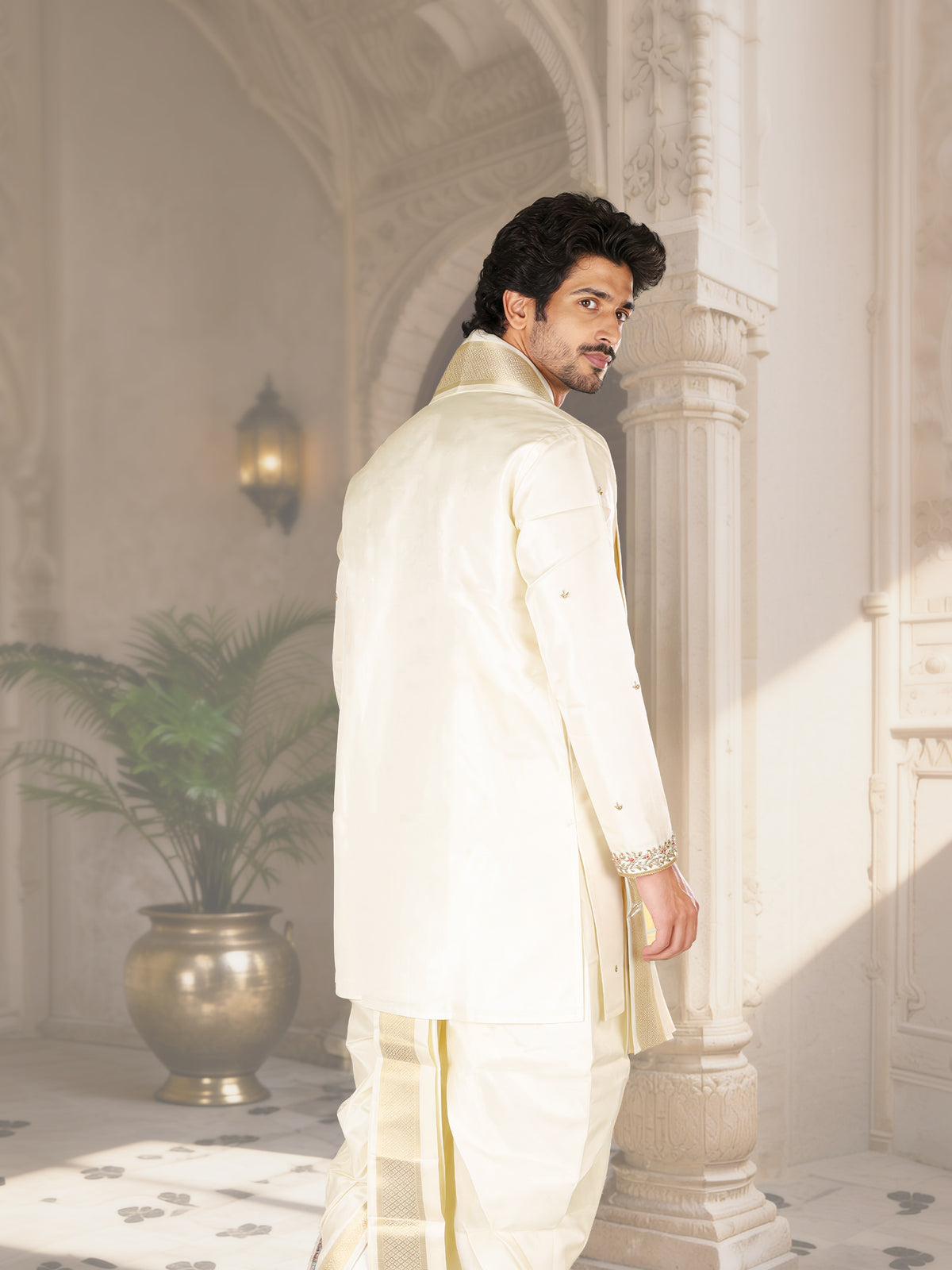 LAGNAA Premium Pure Tussar Silk Hand Embroidered Floral Motifs, Jari Dozi Cut-Dana Kurta, Panchakacham & Angavastram set | Pushpa Tilakam