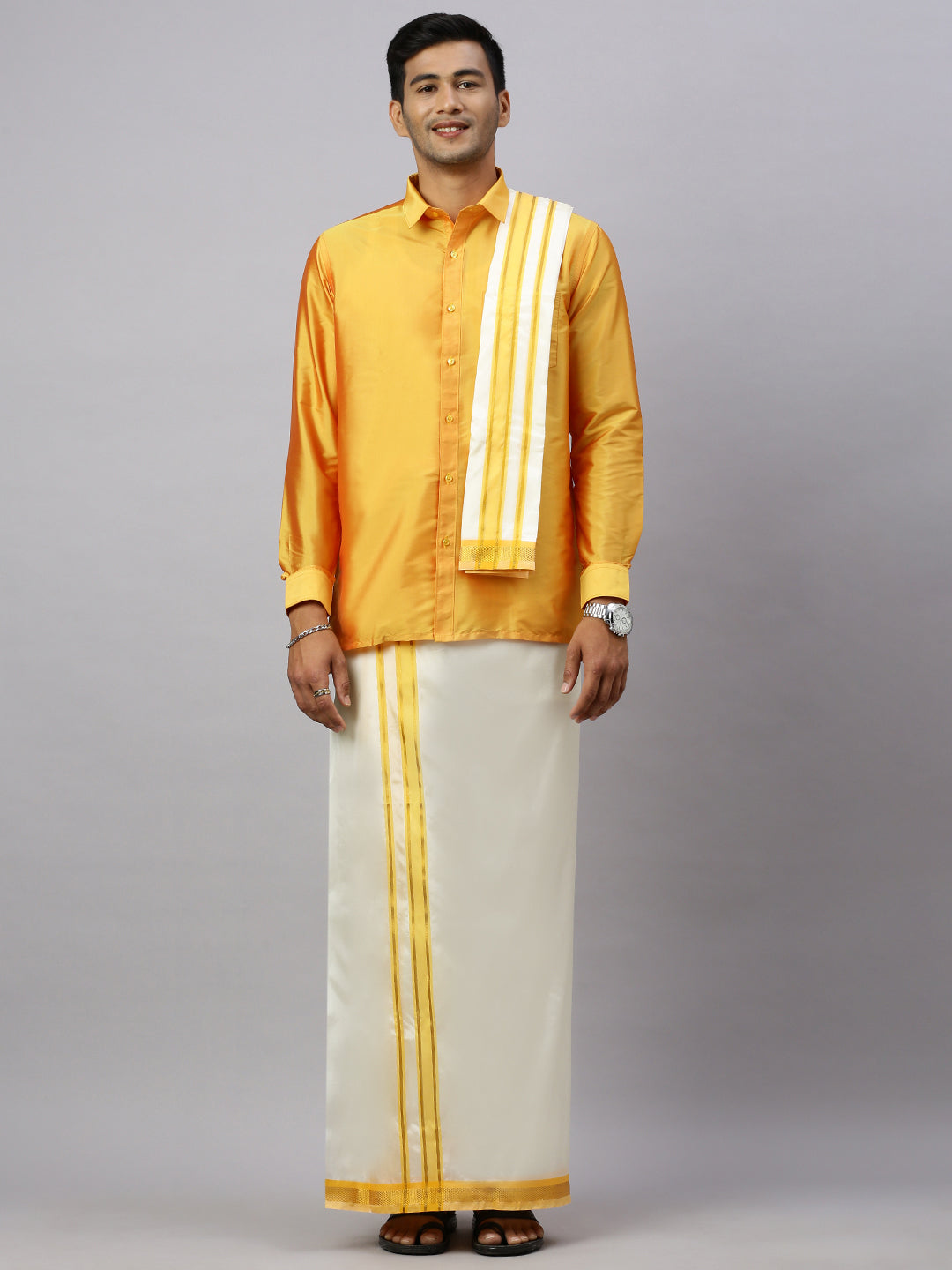 Men Full Sleeves Golden Yellow Shirt with Matching Border Cream Dhoti & Towel Set K6