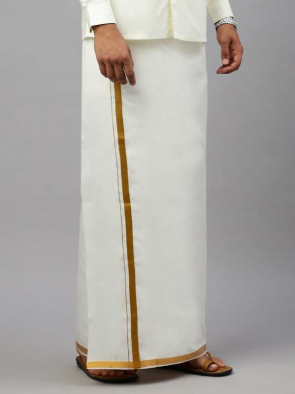 Men Cotton Blend Readymade Single Layer Cream Dhoti with Gold Jari Border 248