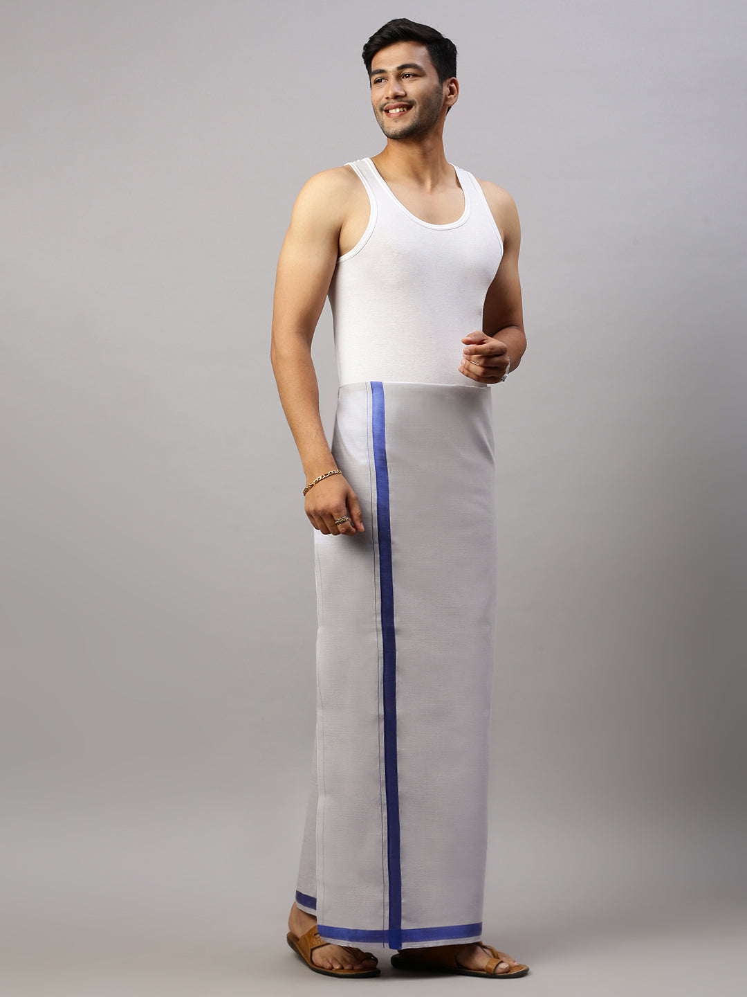 Men Tissue Single Layer Royal Blue Dhoti with Big Border Extreme