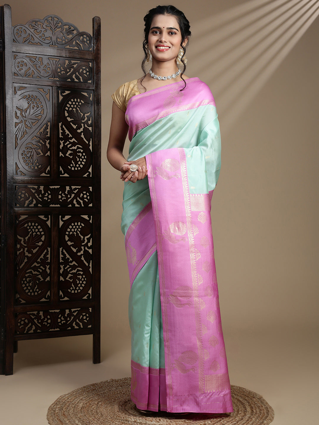 Couple Combo Shirt & Dhoti Set with Saree Mint Green SS391