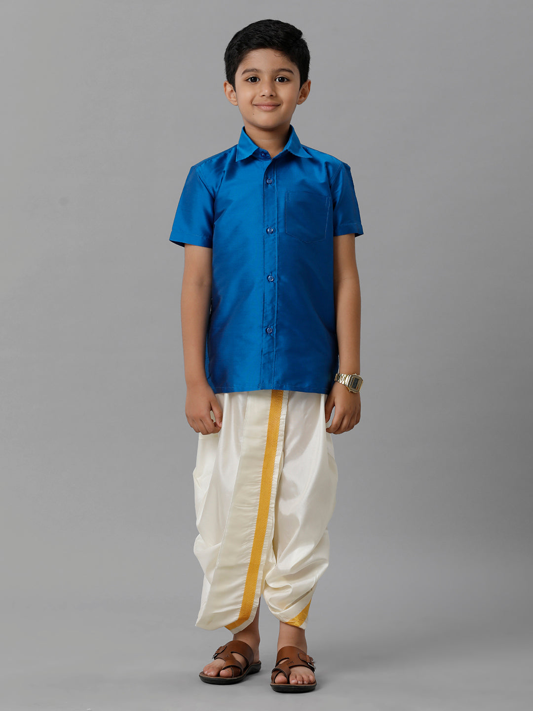 Boys Silk Cotton Royal Blue Half Sleeves Shirt with Soft Silk Panchakacham Combo K10