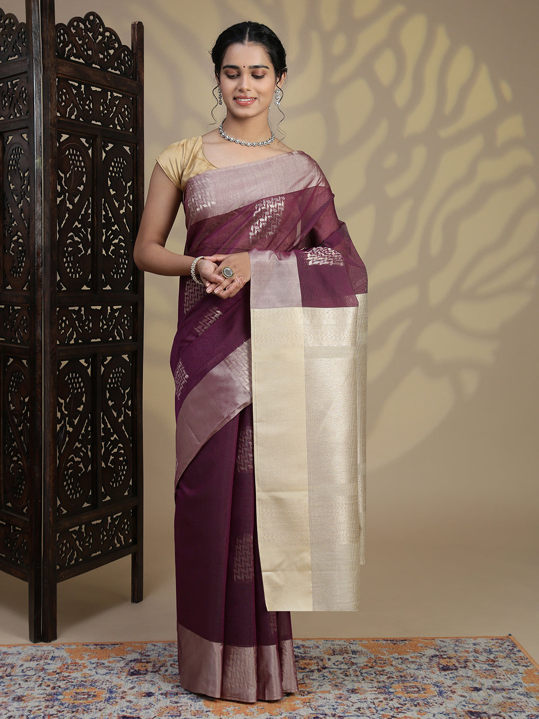 Women Magenta Kora Cotton Saree SK112