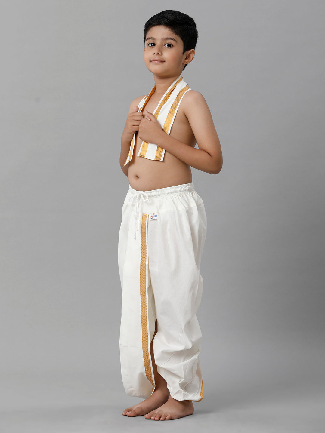 Boys Cotton Cream Elastic Panchakacham Towel Combo-Side view